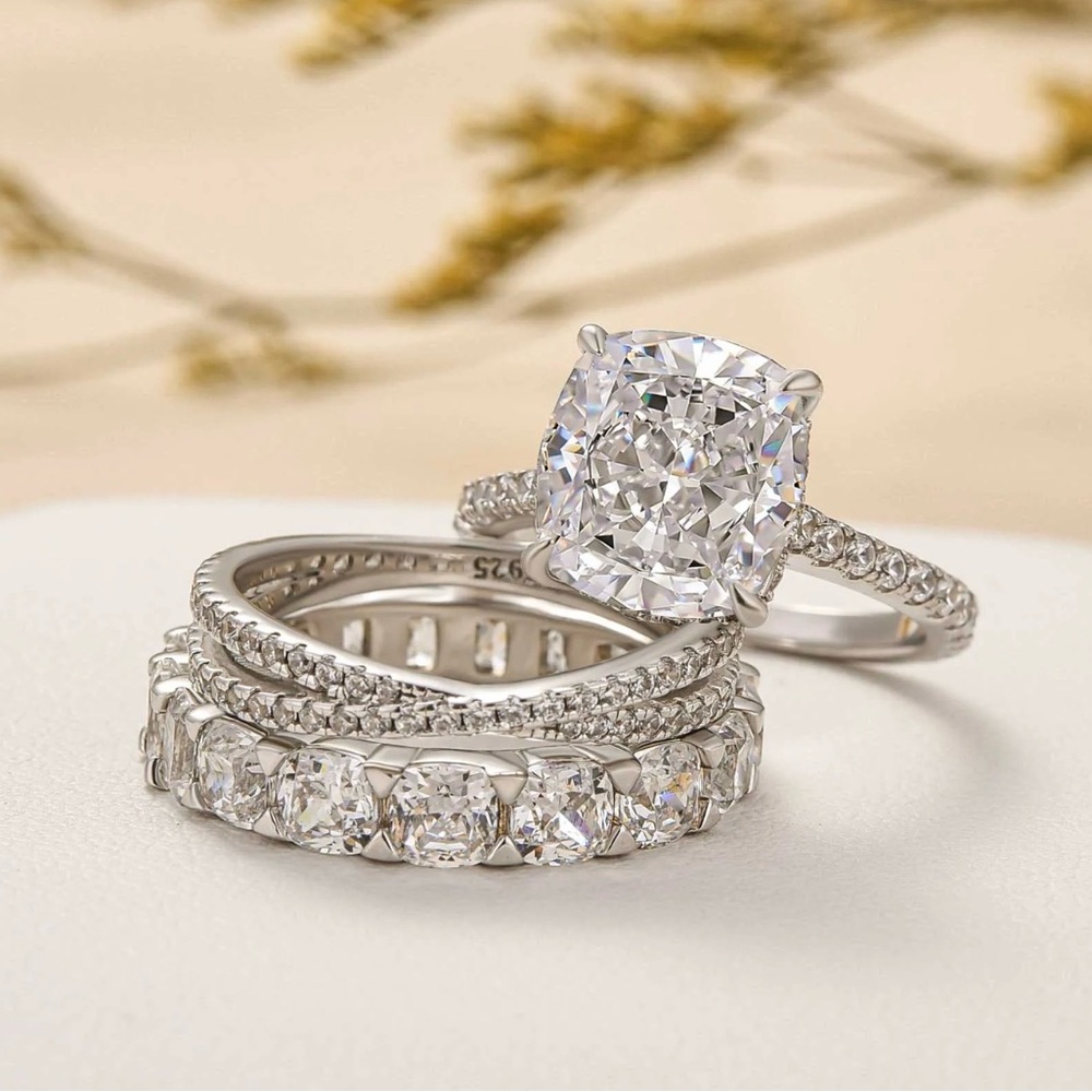 Travel Ring Faux Wedding Set Sterling Silver Cushion Cut Size 6.5